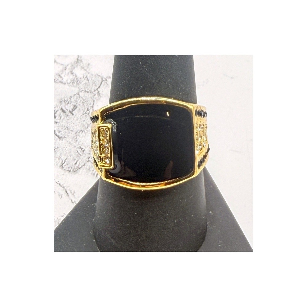 Mens Gold Black Glass Cabochon Asymmetrical Statement Ring Size 9.5